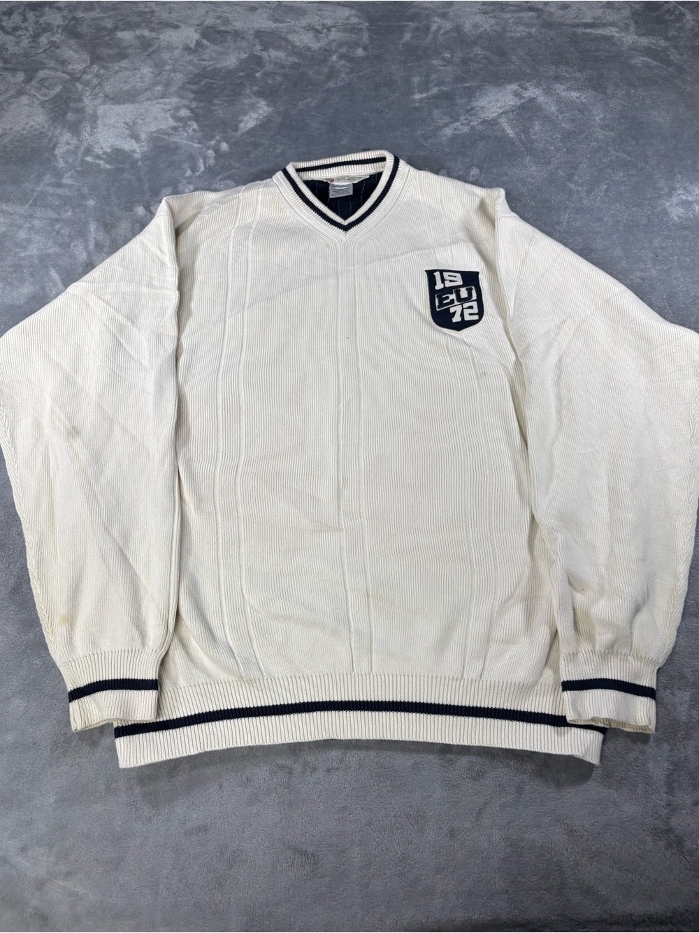 Ecko Unlimited White V-Neck Sweater with Navy Trim